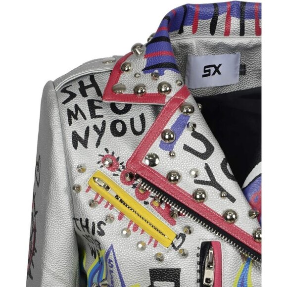 Women's Punk Floral Embroidered short Faux Leather Jacket Moto PU Coat. - Picture 4 of 6